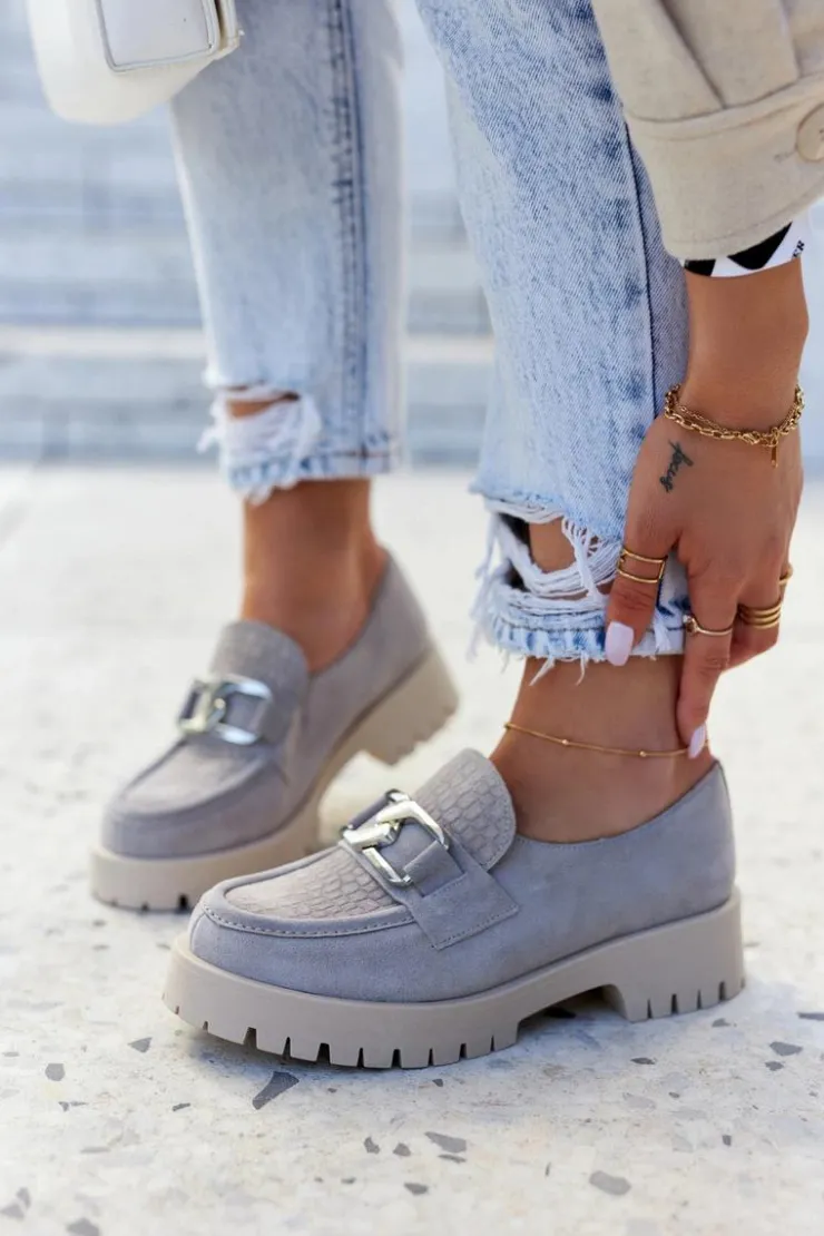 Outlet Boto Modne Zamszowe Półbuty Loafery Jasnoszare Rayhan