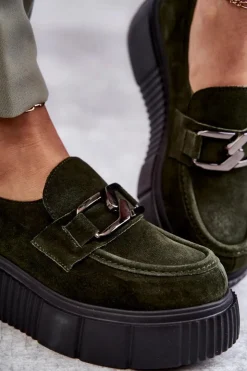 Boto Półbuty Skórzane*Modne Zamszowe Półbuty Na Platformie Khaki Lemar Marsol Zielony