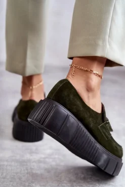 Boto Półbuty Skórzane*Modne Zamszowe Półbuty Na Platformie Khaki Lemar Marsol Zielony