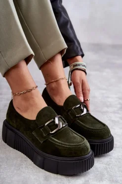 Boto Półbuty Skórzane*Modne Zamszowe Półbuty Na Platformie Khaki Lemar Marsol Zielony