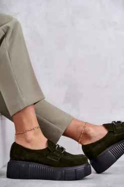 Boto Półbuty Skórzane*Modne Zamszowe Półbuty Na Platformie Khaki Lemar Marsol Zielony