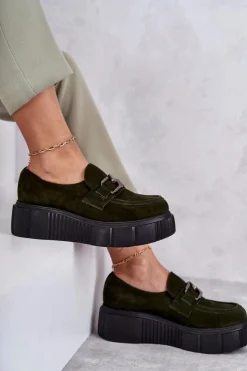 Boto Półbuty Skórzane*Modne Zamszowe Półbuty Na Platformie Khaki Lemar Marsol Zielony