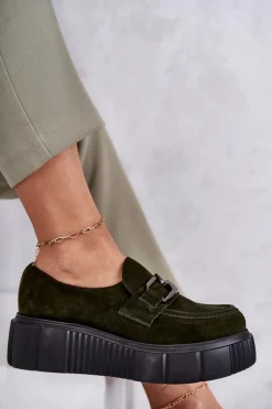 Boto Półbuty Skórzane*Modne Zamszowe Półbuty Na Platformie Khaki Lemar Marsol Zielony