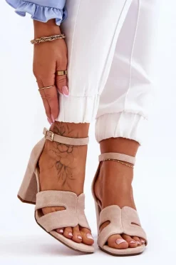 Damskie Boto Modne Zamszowe Sandałki Na Obcasie Beżowe Aubrey