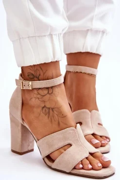 Damskie Boto Modne Zamszowe Sandałki Na Obcasie Beżowe Aubrey