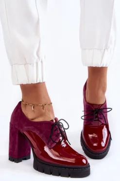 Damskie Boto Modne Zamszowo-Lakierowane Botki Na Platformie Bordowe Carisa