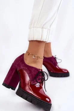 Damskie Boto Modne Zamszowo-Lakierowane Botki Na Platformie Bordowe Carisa