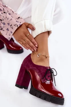 Damskie Boto Modne Zamszowo-Lakierowane Botki Na Platformie Bordowe Carisa