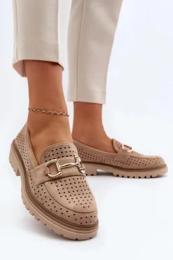 Boto Mokasyny Damskie Zamszowe*Mokasyny Damskie Ażurowe Z Ozdobą Beżowe Talesse