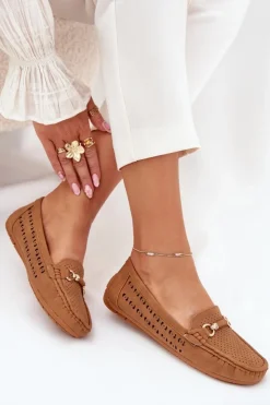 Boto Loafersy Damskie|Mokasyny Damskie Skórzane*Mokasyny Damskie Ażurowe Z Ozdobą Camel Kaydance Brązowy
