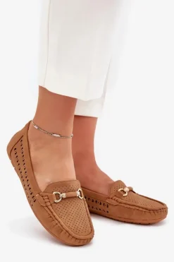 Boto Loafersy Damskie|Mokasyny Damskie Skórzane*Mokasyny Damskie Ażurowe Z Ozdobą Camel Kaydance Brązowy
