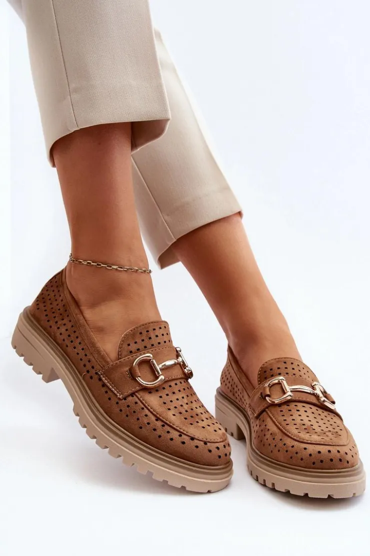 Discount Boto Mokasyny Damskie Ażurowe Z Ozdobą Camel Talesse Brązowy