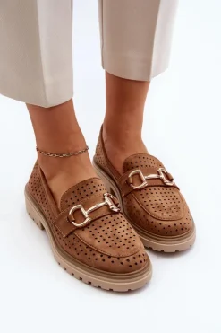 Discount Boto Mokasyny Damskie Ażurowe Z Ozdobą Camel Talesse Brązowy