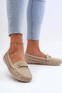 New Boto Mokasyny Damskie Ażurowe Z Ozdobą Beżowe Kaydance Beżowy