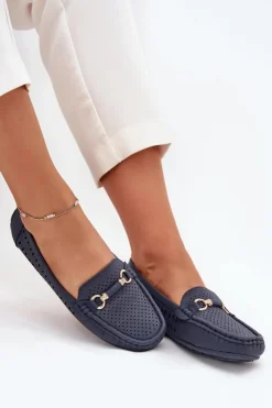 Hot Boto Mokasyny Damskie Ażurowe Z Ozdobą Granatowe Kaydance Niebieski