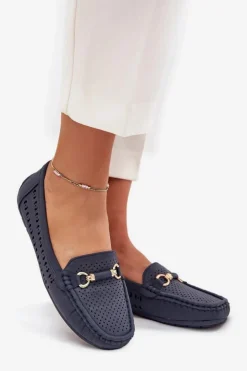 Hot Boto Mokasyny Damskie Ażurowe Z Ozdobą Granatowe Kaydance Niebieski