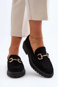 Damskie Boto Mokasyny Damskie Ażurowe Z Ozdobą Czarne Talesse