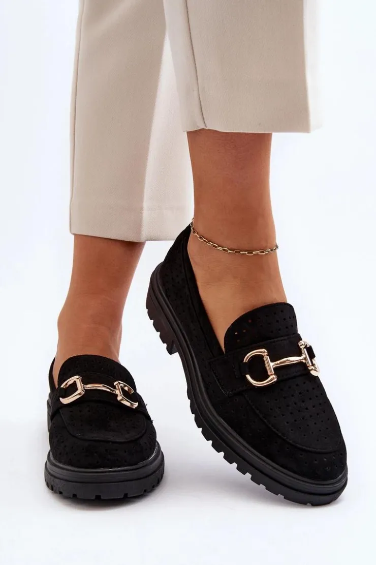 Damskie Boto Mokasyny Damskie Ażurowe Z Ozdobą Czarne Talesse