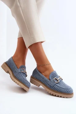 Clearance Boto Mokasyny Damskie Ażurowe Z Ozdobą Niebieskie Talesse