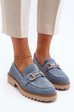 Clearance Boto Mokasyny Damskie Ażurowe Z Ozdobą Niebieskie Talesse