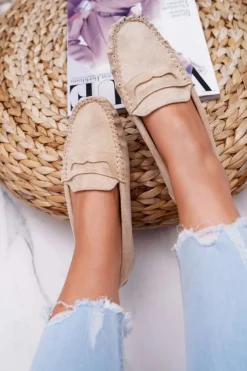 Damskie Boto Mokasyny Damskie Beżowe Zamszowe Bolero