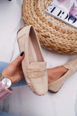 Damskie Boto Mokasyny Damskie Beżowe Zamszowe Bolero