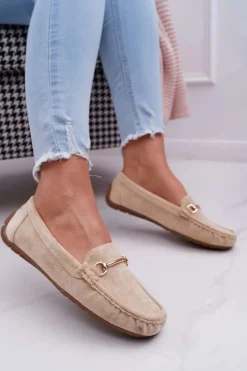 Damskie Boto Mokasyny Damskie Beżowe Zamszowe Sonnero