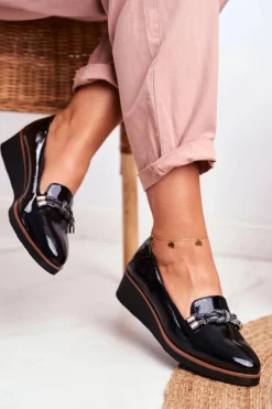 Buty damskie Vinceza Mokasyny Damskie Lakierowane*Mokasyny Damskie Czarne Lakierowane Na Koturnie Abba