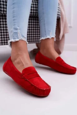 Damskie Boto Mokasyny Damskie Czerwone Zamszowe Bolero