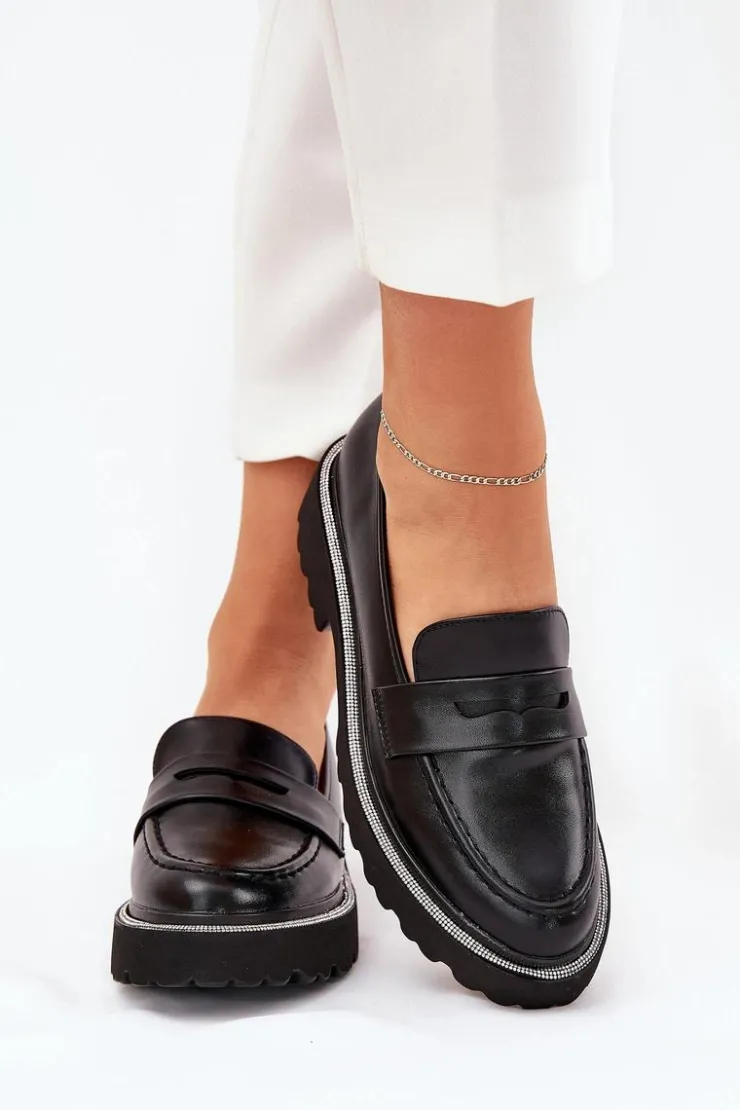 Boto Mokasyny Płaskie|Mokasyny Damskie Skórzane*Mokasyny Damskie Eko Skórzane Z Cyrkoniami Czarne Wilamla