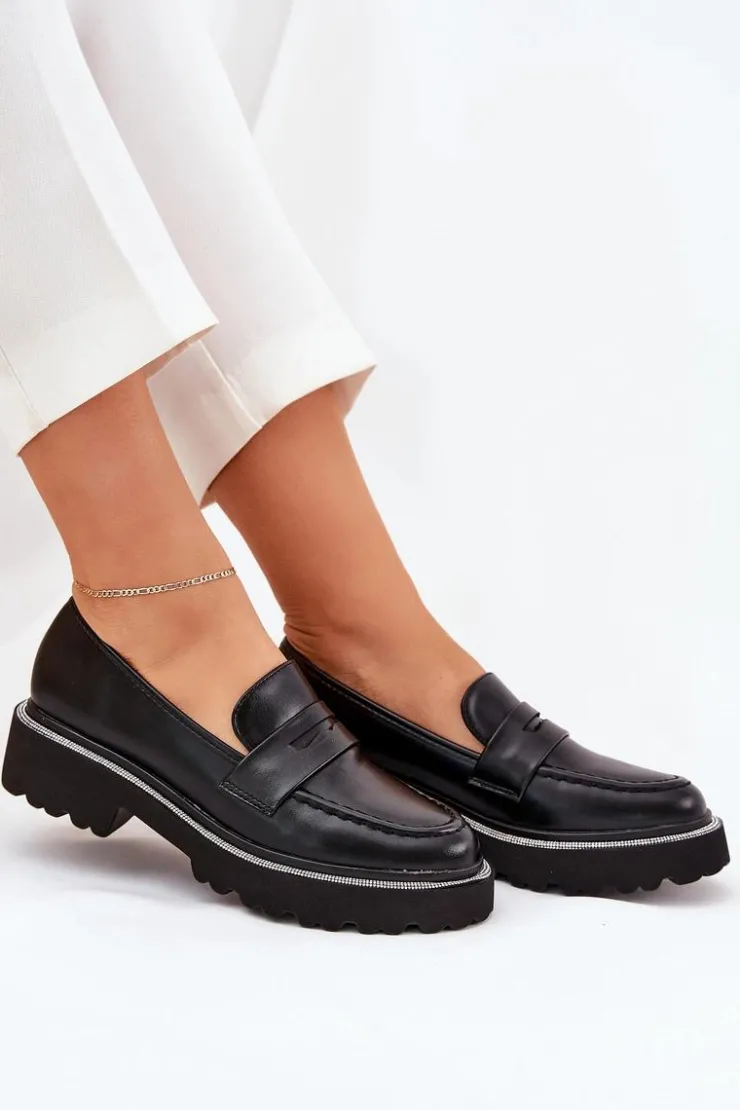 Boto Mokasyny Płaskie|Mokasyny Damskie Skórzane*Mokasyny Damskie Eko Skórzane Z Cyrkoniami Czarne Wilamla