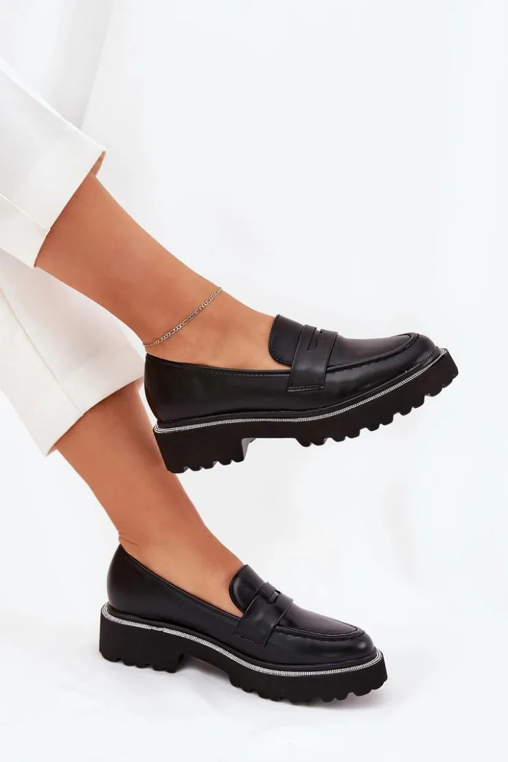 Boto Mokasyny Płaskie|Mokasyny Damskie Skórzane*Mokasyny Damskie Eko Skórzane Z Cyrkoniami Czarne Wilamla