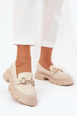 Hot Boto Mokasyny Damskie Eko Skórzane Ze Złotym Detalem Beżowe Ravalissea