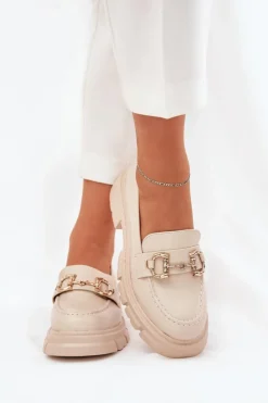 Hot Boto Mokasyny Damskie Eko Skórzane Ze Złotym Detalem Beżowe Ravalissea