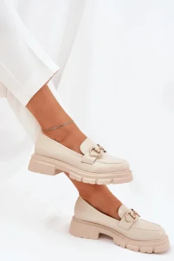 Hot Boto Mokasyny Damskie Eko Skórzane Ze Złotym Detalem Beżowe Ravalissea