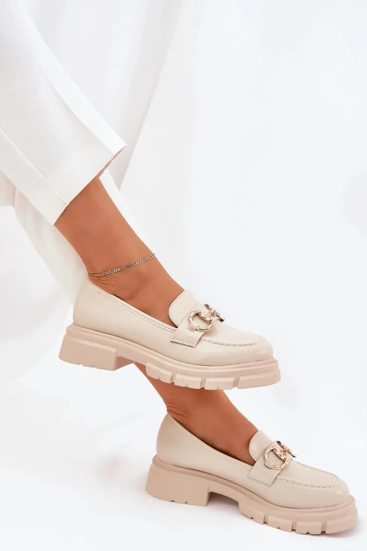 Hot Boto Mokasyny Damskie Eko Skórzane Ze Złotym Detalem Beżowe Ravalissea