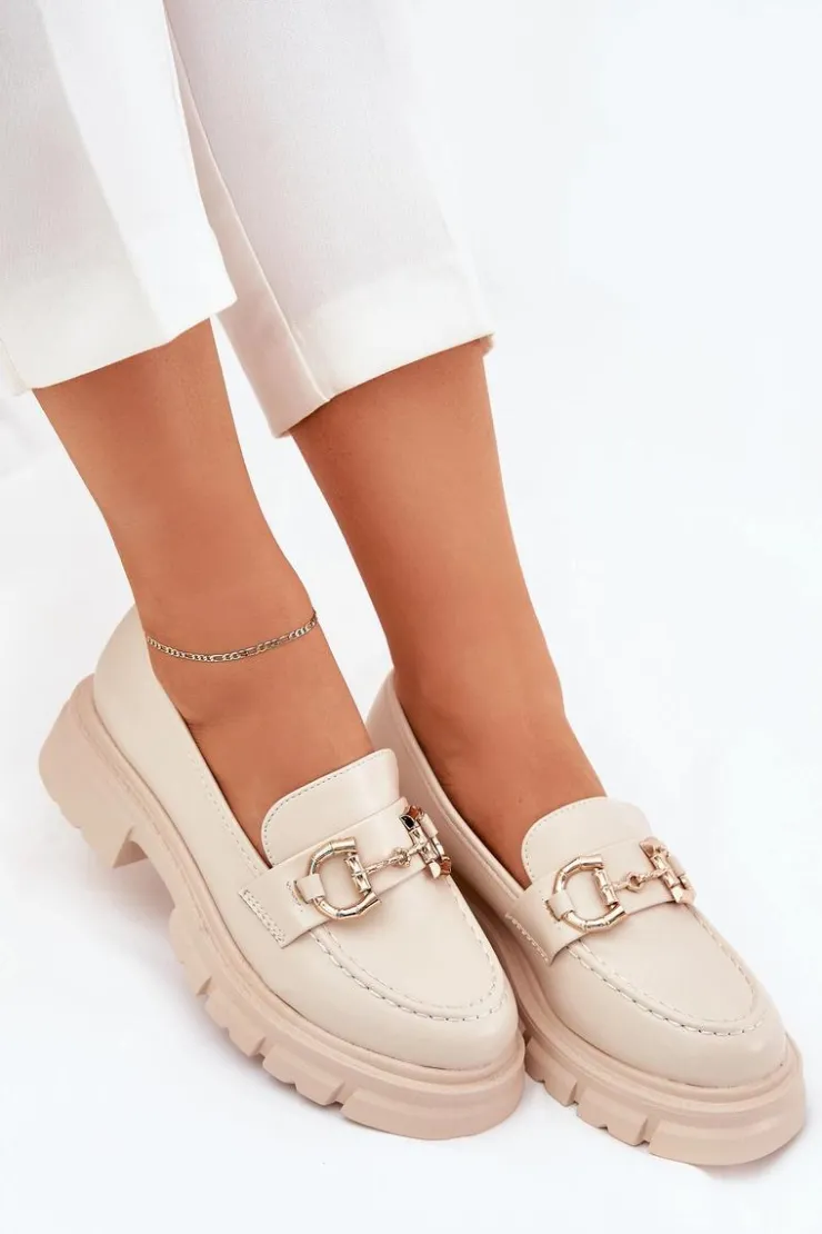 Hot Boto Mokasyny Damskie Eko Skórzane Ze Złotym Detalem Beżowe Ravalissea