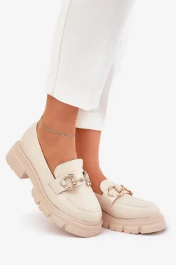 Hot Boto Mokasyny Damskie Eko Skórzane Ze Złotym Detalem Beżowe Ravalissea