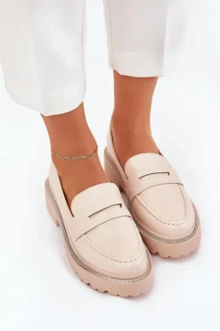 Damskie Boto Mokasyny Damskie Eko Skórzane Z Cyrkoniami Beżowe Wilamla