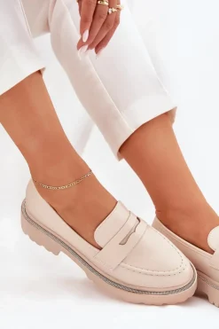 Damskie Boto Mokasyny Damskie Eko Skórzane Z Cyrkoniami Beżowe Wilamla