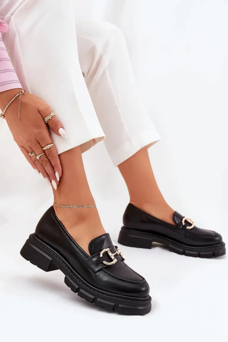 Damskie Boto Mokasyny Damskie Eko Skórzane Ze Złotym Detalem Czarne Ravalissea