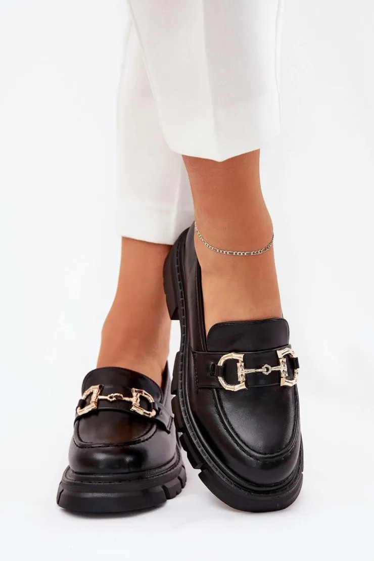 Damskie Boto Mokasyny Damskie Eko Skórzane Ze Złotym Detalem Czarne Ravalissea