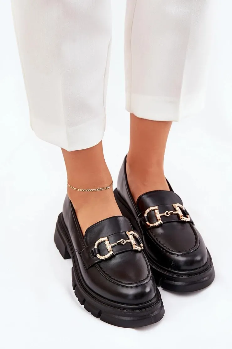 Damskie Boto Mokasyny Damskie Eko Skórzane Ze Złotym Detalem Czarne Ravalissea