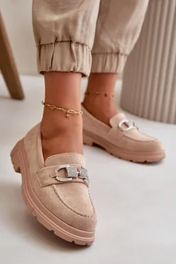 Clearance Boto Mokasyny Damskie Eko Zamszowe Z Ozdobą Beżowe Wistera