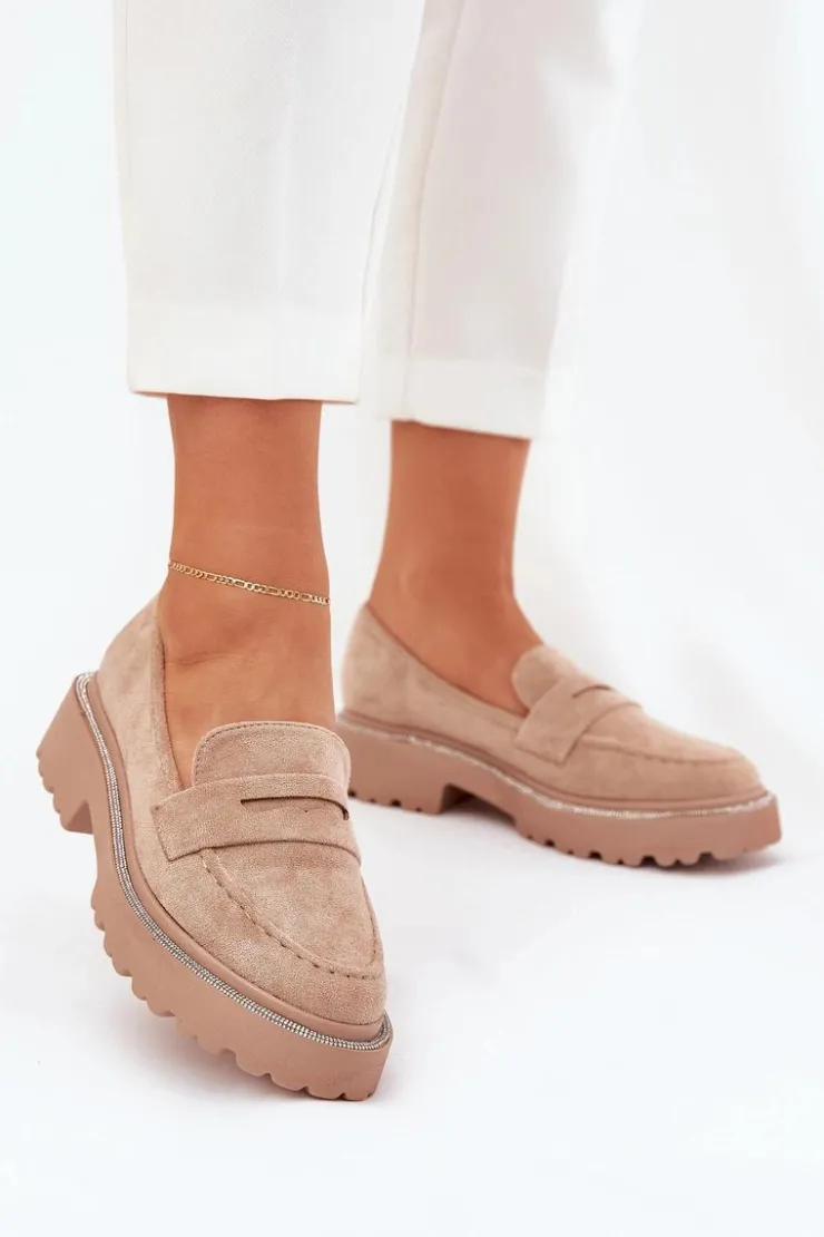 Outlet Boto Mokasyny Damskie Eko Zamszowe Z Cyrkoniami Khaki Wilamla