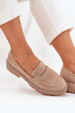 Outlet Boto Mokasyny Damskie Eko Zamszowe Z Cyrkoniami Khaki Wilamla