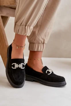 Damskie Boto Mokasyny Damskie Eko Zamszowe Z Ozdobą Czarne Wistera