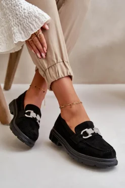 Damskie Boto Mokasyny Damskie Eko Zamszowe Z Ozdobą Czarne Wistera