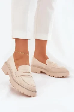 Damskie Boto Mokasyny Damskie Eko Zamszowe Z Cyrkoniami Beżowe Wilamla