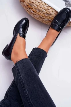 Damskie Boto Mokasyny Damskie Lakierowane Loafery Lordsy Czarne Tenes